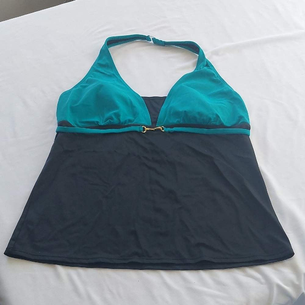 Tropical Escape Teal And Black Swim Tankini Top .Size 18